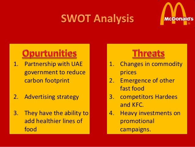 swot analysis of mc donalds Swot means strength, weaknesses, opportunities and threats of a company the strategy of any company must match with its internal strength and weaknesses. swot analysis of mc donalds Swot means strength, weaknesses, opportunities and threats of a company the strategy of any company must match with its internal strength and weaknesses.